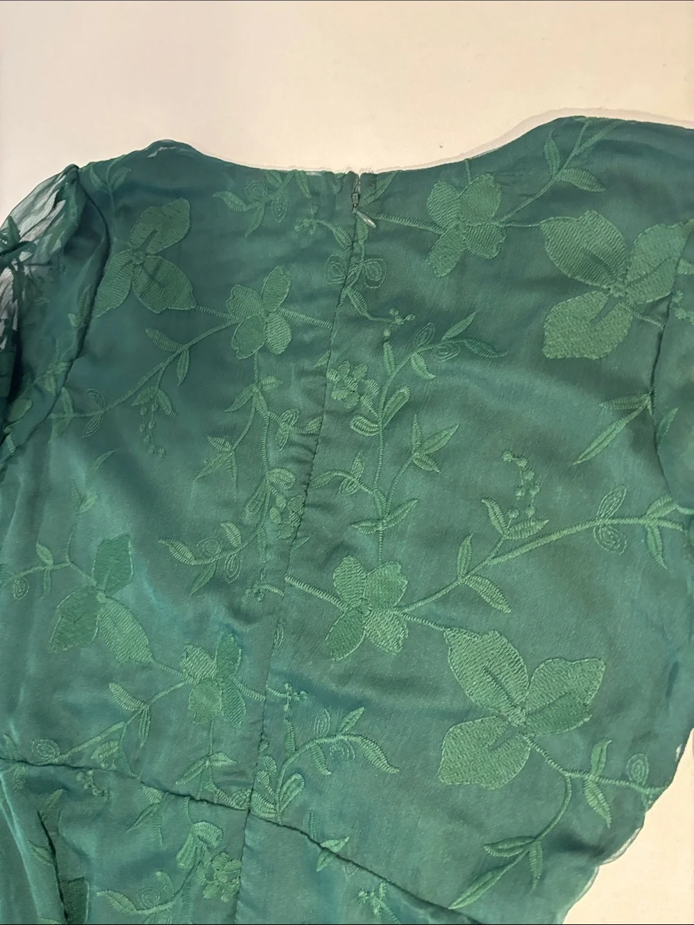 Lulu's Emerald Green V-Neck Floral Embroidered Sheer-Long Sleeve Mini Dress. Med